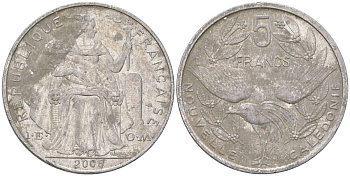 Французская Новая Каледония 5 франков 2007 птица кагу, (IEOM) KM 16, Schoen 12, Lec 81k алюминий 215-112