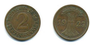 ГЕРМАНИЯ 2 РЕНТПФЕННИГА 1923 A J 307, KM 31 бронза 46-1212