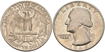 США 25 центов (квотер) 1968 Вашингтон KM 164a медь плакированная медно-никелем 4589-1226