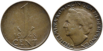 Нидерланды 1 цент 1948 Вильгельмина (1890-1948), год тип KM 175 бронза 4392-424