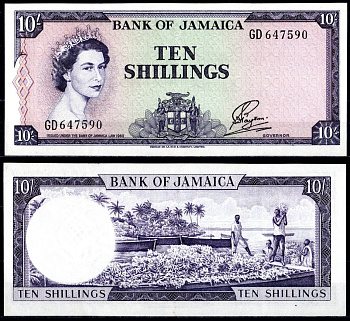 Ямайка 10 шиллингов 1960 (1964) королева Елизавета II (1952-2022), банановая плантация Pick 51 Bb бумага UNC (пресс) 451-418-1