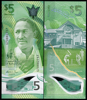 Барбадос 5 долларов 2022 сэр Фрэнк Воррелл, крикет Pick 80  пластик  UNC (пресс) 447-129-3