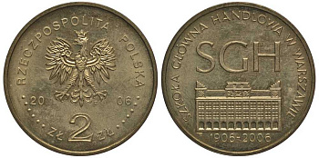 Польша 2 злотых 2006 MW, 100 лет Варшавской школы экономики KM 609 латунь 114-244