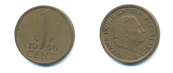 НИДЕРЛАНДЫ 1 ЦЕНТ 1956 ЮЛИАНА KM 180 бронза 83-924