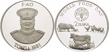 Тонга 2 паанга 1981 FAO, домашние животные, король Тауфа’ахау Тупоу IV (1967-2006) KM 73a серебро PROOF 01-168-31