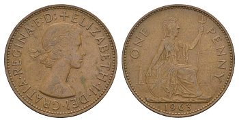 Великобритания 1 пенни 1963 Елизавета II (1952-2022) KM 897, Spink 4157 бронза 4645-1015