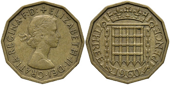 Великобритания 3 пенса 1960 Елизавета II (1952-2022) KM 900, Spink 4153 никель латунь 4171-547