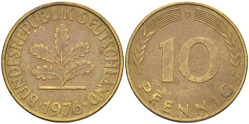 ФРГ 10 пфеннигов 1976 D KM 108, J. 383 сталь плакированная латунью 58-244