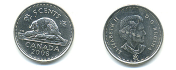 Канада 5 центов 2008 Елизавета II (1952-2022), бобер KM 491 сталь плакированная никелем 177-1266