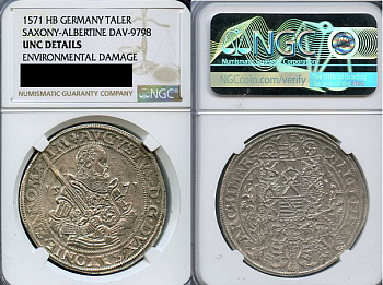 Саксония 1 талер 1571 HB, Дрезден, Герцог Август (1553-1586), в слабе NGC UNC Details Dav. 9798, Schnee 725 серебро  UNC  00-000-00