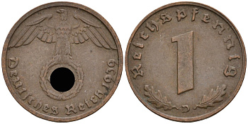 Германия 1 рейхспфенниг 1939 D KM 89, J 361 бронза 4136-1151