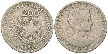 Бразилия 200 реалов 1901 MCMI, голова свободы вправо KM 504 медно-никель 4612-233