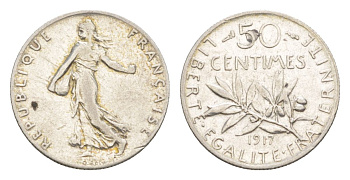 Франция 50 сантимов 1917 KM 854 серебро 4630-428
