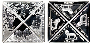 Конго набор из 4 монет (10 франков) 2000 обезьяны KM 33, 34, 35 и 36 PROOF 1079-8-12