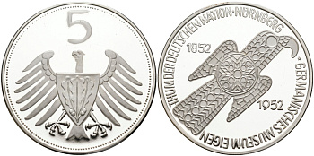 Германия медаль ND 5 марок 1952 года, 100 лет Германскому музею в Нюрнберге, серебрение медно-никель PROOF 04-011-32