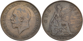 Великобритания 1 пенни 1931 Георг V (1910 - 1936) KM 838, Spink 4055 бронза 4149-734