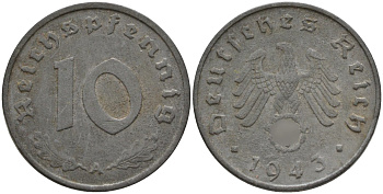 Германия 10 рейхспфеннигов 1943 A KM 101, J.371 цинк 4151-231