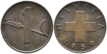 ШВЕЙЦАРИЯ 1 РАППЕН 1959 В KM 46 бронза 4528-621