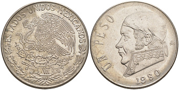 Мексика 1 песо 1980 Хосе Мария Морелос, закрытая 8 KM 460 медно-никель 3855-1243