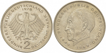 ФРГ 2 МАРКИ 1978 F, КОНРАД АДЕНАУЭР KM 124, J. 406 медно-никель плакированный никелем плакированный никелем 3996-922