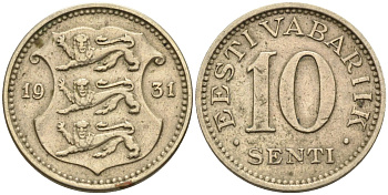 Эстония 10 центов 1931 Республика (1928-1940) KM 12 никель бронза 4585-1035