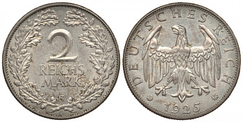 Германия 2 рейхсмарки 1925 G, цена по каталогу MT 230 евро J. 320, KM 45 серебро  UNC  00-803-56