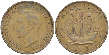 Великобритания 1/2 пенни 1945 Георг VI (1936-1952) KM 844, Spink 4115 бронза 65-124
