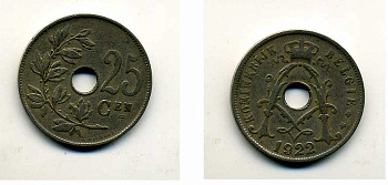 БЕЛЬГИЯ 25 САНТИМОВ 1922 BELGIE KM 69 медно-никель 41-654