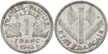 Франция 1 франк 1943 LB, тип Lourde, правительство Виши KM 902.1 алюминий 4142-926