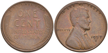 США 1 ЦЕНТ 1957 D ЛИНКОЛЬН KM A132 медь цинк 187-1138