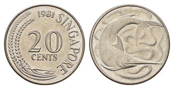 Сингапур 20 центов 1981 голубой марлин, тунец KM 4 медно-никель UNC 4401-446
