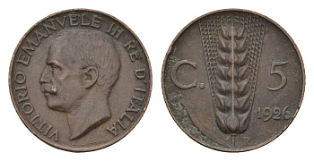 Италия 5 чентезимо 1926 Виктор Эммануил III (1900-1946) KM 59 бронза 4651-536
