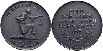 ГЕРМАНИЯ МЕДАЛЬ 1916 В ПАМЯТЬ ОБМЕНА ДРАГОЦЕННЫХ МЕТАЛЛОВ НА БУМАЖНЫЕ ДЕНЬГИ ДЛЯ НУЖД АРМИИ, ПЕРВАЯ МИРОВАЯ ВОЙНА, IN EISERNER ZEIT (В ЖЕЛЕЗНОЕ ВРЕМЯ), Я СДАЛ ЗОЛОТО НА ЖЕЛЕЗО ДЛЯ ВОЙНЫ, ДИАМЕТР 40 ММ. железо 1088-2-24