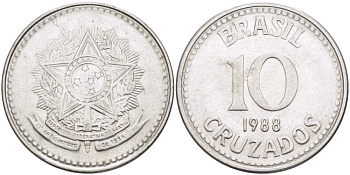 Бразилия 10 крузадо 1988 реформа 1986-1989 KM 607 нержавеющая сталь 210-824