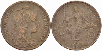 ФРАНЦИЯ 5 САНТИМОВ 1900 ТИП ДАНИЭЛЬ ДЮПЮИ KM 842, LE FRANC 119.9 бронза 108-823
