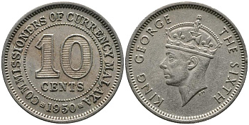 Британская Малайя 10 центов 1950 Георг VI (1937-1952) KM 8 медно-никель 4549-635