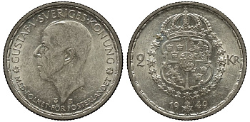 Швеция 2 кроны 1949 TS, Густав V (1907-1950) KM 815 серебро 221-621