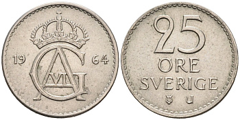 Швеция 25 эре 1964 Густав VI Адольф (1950-1973) KM 836 медно-никель 4564-755