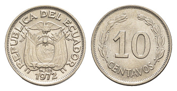 Эквадор 10 сентаво 1972 KM 76c сталь плакированная никелем UNC 4640-1157