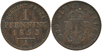 Пруссия 1 пфенниг 1853 A, Фридрих Вильгельм IV (1840-1861) KM 451 медь 4532-145