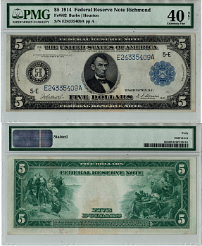 США, Federal Reserve Note 5 долларов 1914 Ричмонд. В слабе компании PMG. Сохранность - «40 NET» Fr. 862  бумага   452-1-193