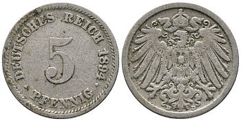 ГЕРМАНИЯ 5 ПФЕННИГОВ 1894 D KM 11, J. 12 медно-никель 39-665