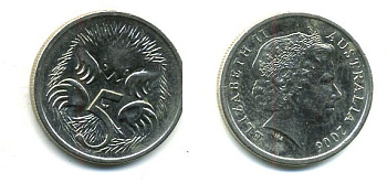 АВСТРАЛИЯ 5 ЦЕНТОВ 2006 ЕЛИЗАВЕТА II, ТРЕТИЙ ПОРТРЕТ, ЕХИДНА KM 401 медно-никель 46-2241