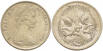 АВСТРАЛИЯ 5 ЦЕНТОВ 1970 ЕЛИЗАВЕТА II, МОЛОДОЙ ПОРТРЕТ, ЕХИДНА KM 64 медно-никель 3851-1124