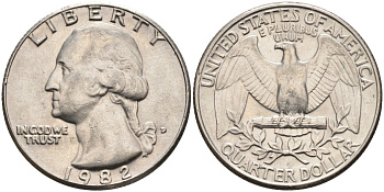 США 25 центов = квотер 1982 D, Вашингтон KM A164a медь плакированная медно-никелем 4584-1136