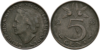 НИДЕРЛАНДЫ 5 ЦЕНТОВ 1948 ВИЛЬГЕЛЬМИНА KM 176 бронза 95-232