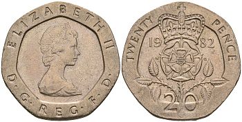 Великобритания 20 пенсов 1982 Елизавета II (1952-2022) KM 931, Spink 4230 (G1) медно-никель    4603-1023