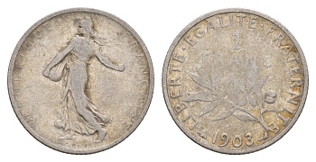 Франция 1 франк 1903 редкий год - тираж 472.000 KM 844 серебро 1519-832