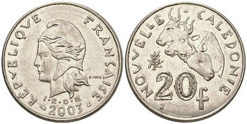 Французская Новая Каледония 20 франков 2003 три быка, (IEOM) KM 12, Schoen 14, Lec 15g никель 4131-644