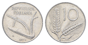 Италия 10 лир 1973 R, плуг, колосья KM 93 алюминий 4704-545